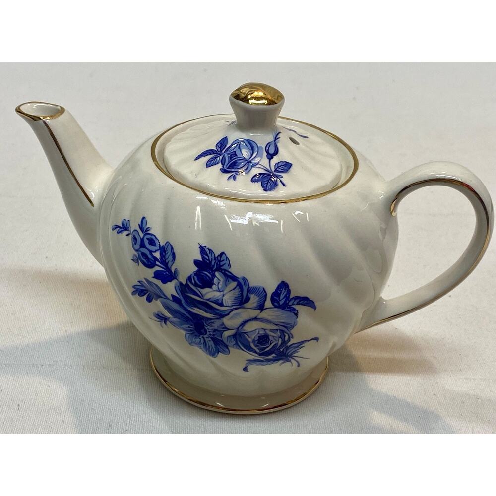 Windsor England Blue White Floral Teapot Individual Size Gold Trim